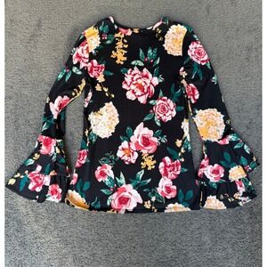 TMG New York Womens Small Floral Long Sleeve Ruffle Bell Sleeve Top Black Pink
